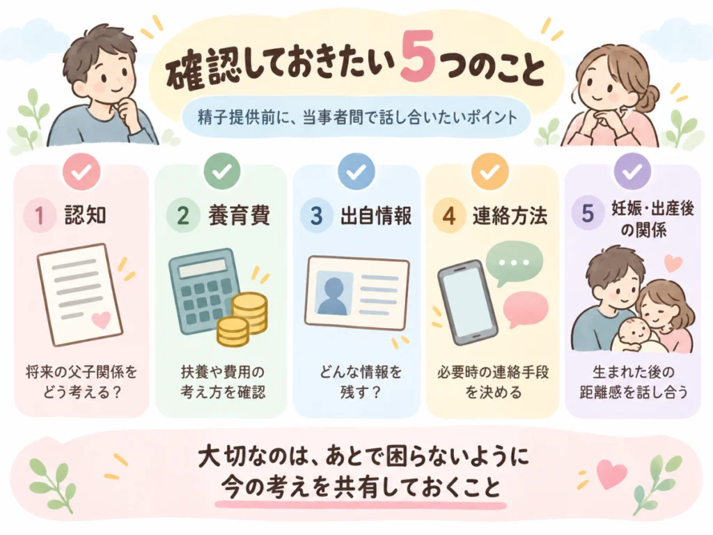 精子提供前に認知・養育費・出自情報・連絡方法・出産後の関係を確認する5項目