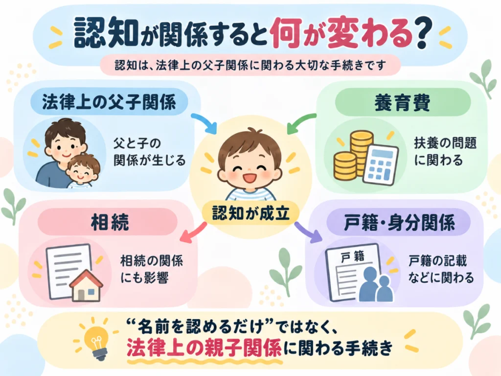 認知が成立すると法律上の父子関係・養育費・相続などに関係することを示した図解